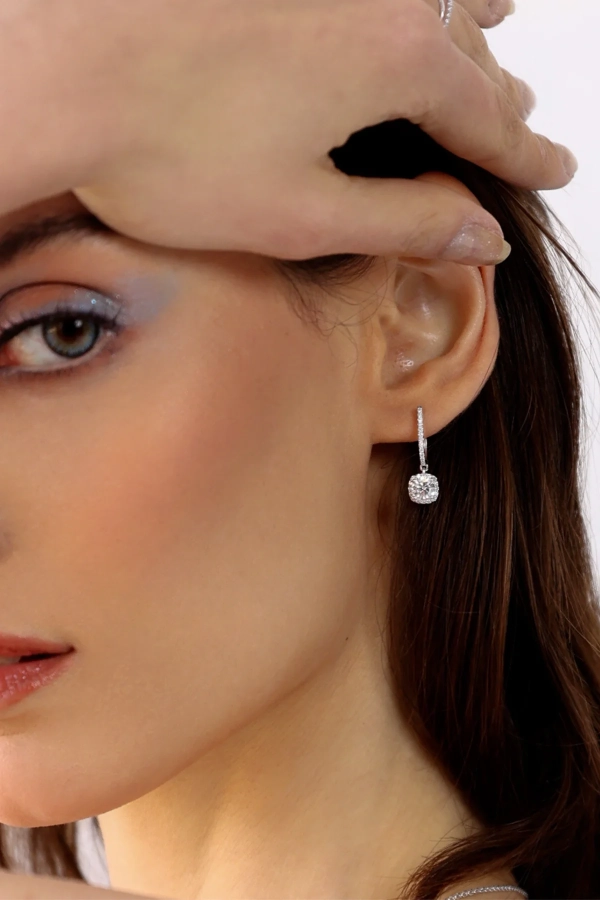 Cushion Halo Solitaire Drop Danglers - Image 4